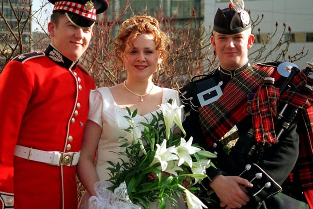 Scots Guardsman Mark Thompson and Michelle Darcier were married on Valentines Day at Sheffield Register Office,and piper Fraser Stewart added music to the proceedings in 1998