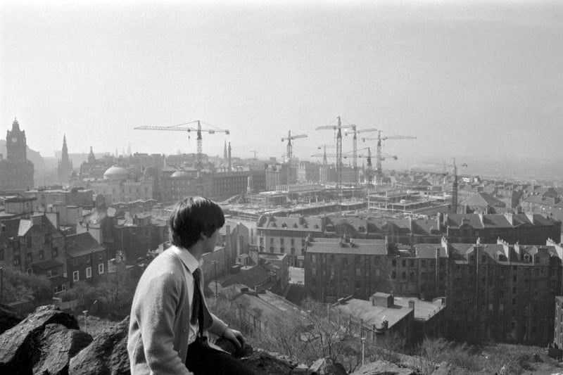 An overview of the St James Square development in Edinburgh seen from Calton Hill, April 1971.