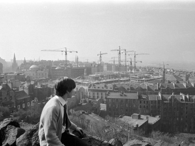 An overview of the St James Square development in Edinburgh seen from Calton Hill, April 1971.