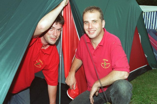 Rob Shaw and Rob Milner get their tent ready to sleep at the showground in 1996