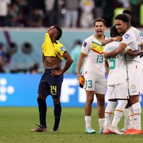 DOHA, QATAR - NOVEMBER 29: Iliman Ndiaye of Senegal celebrates with teammates after their sides victory during the FIFA World Cup Qatar 2022 Group A match between Ecuador and Senegal at Khalifa International Stadium on November 29, 2022 in Doha, Qatar. (Photo by Ryan Pierse/Getty Images)