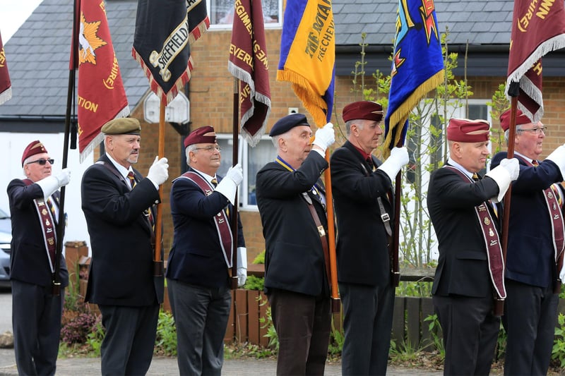A line of military standard bearers ready to honour D Day landings veteran Douglas Parker at his funeral, which took place at Christ Church, Hackenthorpe