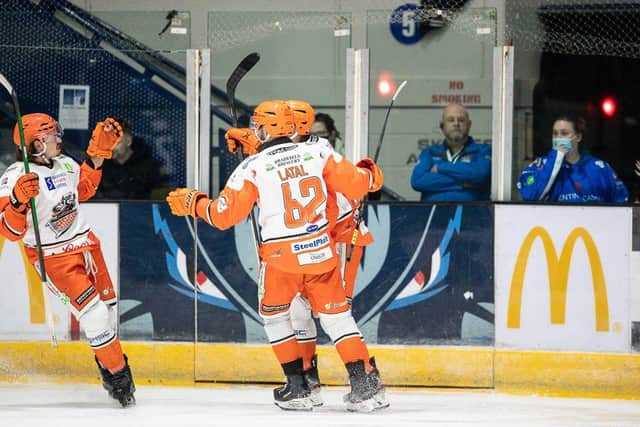 Sheffield Steelers celebrate their first goal at Coventry. Picture: Scott Wiggins