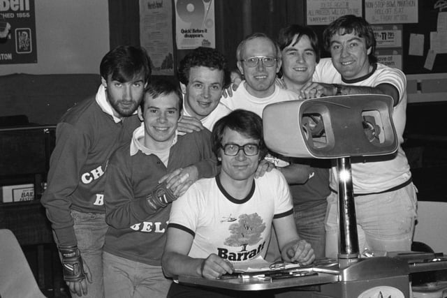 The eight-man team of charity ten pin bowlers who were striking a record for Sunderland in 1983.  The team were trying to establish a record 24-hour pin-fall if they could keep going until 8pm in the evening.  Left to right, back row: Mark Fife, 20; John Edelston, 31; Lawrie Gomm, 24; Bill Kimmitt, 20; amd Terry Tattersall, 35. Front row: Neil Donnelly, 20; Rod Peel, 42.
