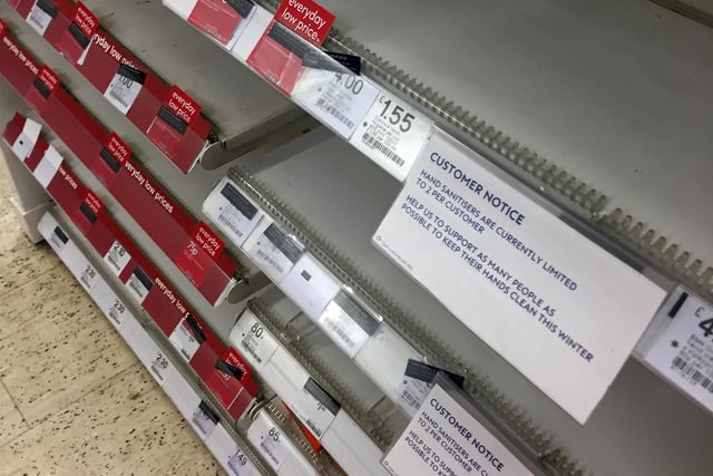 Boots, Frenchgate Centre, Doncaster Town Centre, had empty shelves of hand sanitizer, despite two per customer restrictions. Picture: NDFP-17-03-20 EmptyShelves 2-NMSY