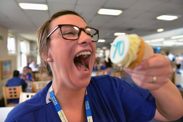 Newly qualified practitioner at South Tyneside District Hospital Nikki Lynn with her 70th birthday cup cake in 2018 on the day that the NHS was 70 years old.