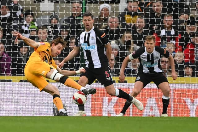 Cambridge striker Joe Ironside scores the winning goal against Newcastle United in the FA Cup third round (Stu Forster/Getty Images)