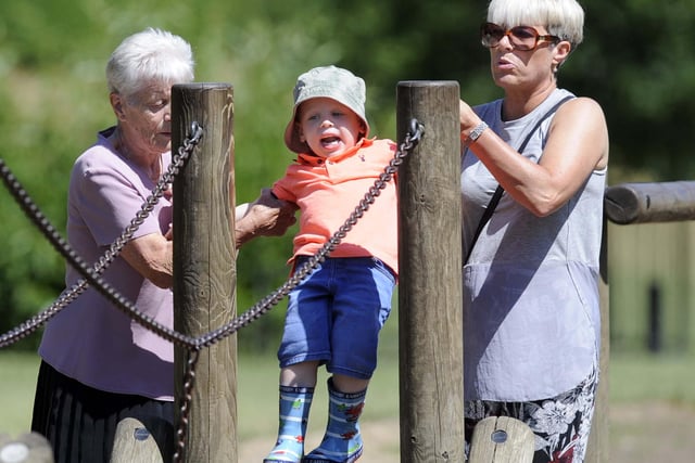 Families still head to Millhouses Park in a heatwave. Great grandma Jean Islip, left, and Tracey Saynor with three-year-old Frankie Saynor in July 2018