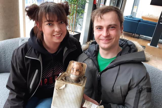 You’d probably not want to give to your children.But Sheffield couple and Alton Towers fans Ben and Vicki Clarke, pictured, are delighted after getting their hands on what they admit is the most creepy looking jack in a box toy that you’re likely to come across.