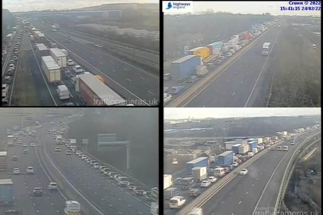 Three lanes have been closed on the M1 near Sheffield following a lorry crash. Photos by Highways England.