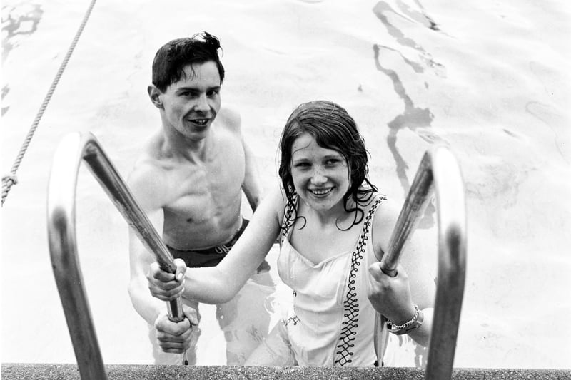 John Charity and Ann Casserly climb out of the Portobello outdoor pool on the opening day of the season in May 1966
