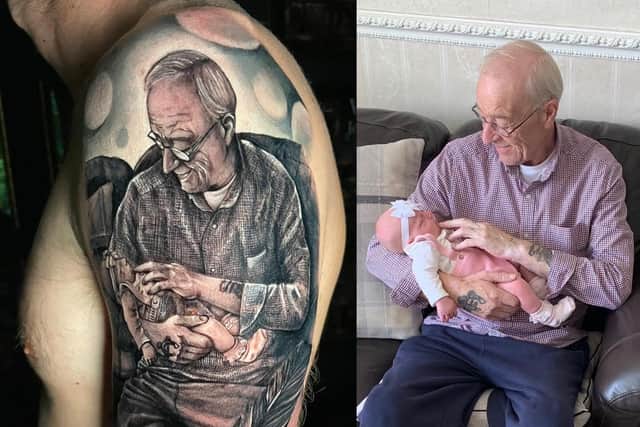 Macualey Harper's tattoo and the photo of his grandfather John meeting baby Elsie (pic: Redemption Tattoo Studio)