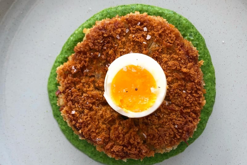 Head chef of The Queen's Arms, Frankie Kovalsky, has created this ham hough and haggis cake with pea and watercress veloute and soft boiled egg.
49 Frederick Street, Edinburgh, www.queensarmsedinburgh.com
