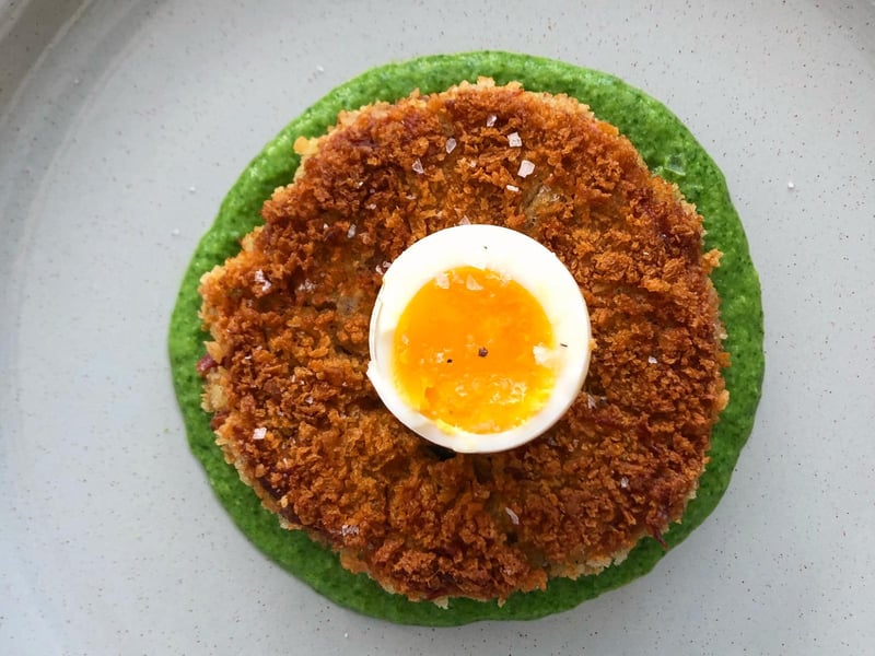 Head chef of The Queen's Arms, Frankie Kovalsky, has created this ham hough and haggis cake with pea and watercress veloute and soft boiled egg.
49 Frederick Street, Edinburgh, www.queensarmsedinburgh.com
