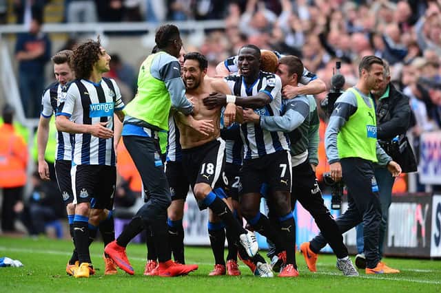 Jonas Gutierrez celebrates his goal which kept Newcastle United in the Premier League on the final day of the 2014/15 season. (Photo by Mark Runnacles/Getty Images)