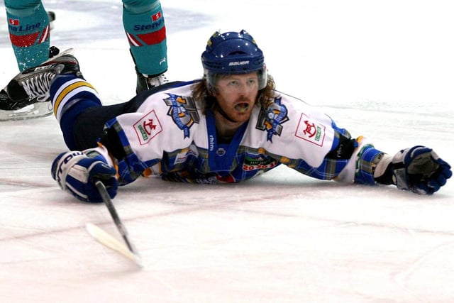 Jeff Caister played with a laid back style, so it's fitting that we finish with him flat out on the ice in a game versus Belfast Giants in December 2012  (Pic: Steve Gunn)