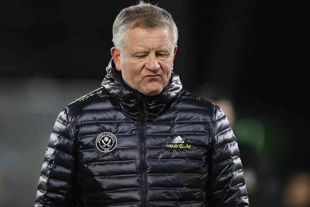 Chris Wilder manager of Sheffield Utd walks off the pitch following the defeat during the Premier League match at Craven Cottage, London. Picture date: 20th February 2021. Picture credit should read: David Klein/Sportimage