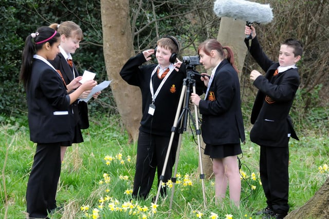 Pupils were filming for a BBC School Report event in 2011. Pictured, from left, are Anjuma Chowdhury, Rebekah Croucher, Tom Henderson, Kieron Devlin and Chloe Bryan.