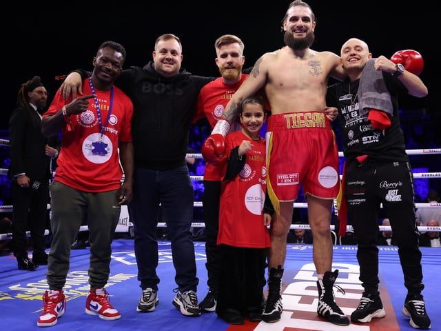 Victorious Liam Cameron with his team. Picture: Mark Robinson/Matchroom Boxing