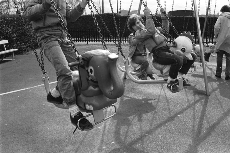 Parents complained that the swings in Edinburgh's Inverleith Park were dangerous in April 1984 - children standing on the 'animal' swings.