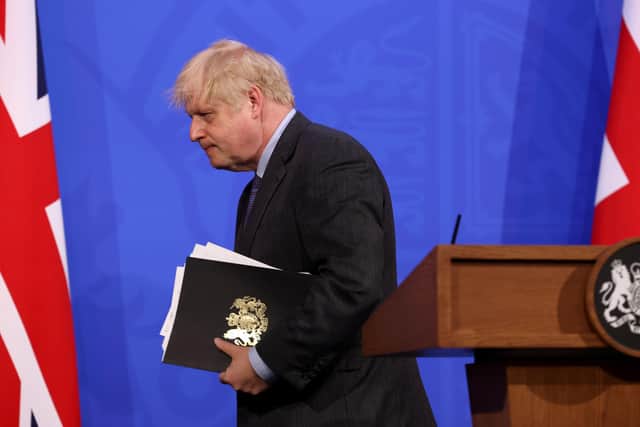 Prime Minister Boris Johnson leaves after a media briefing in Downing Street, London, on coronavirus (Covid-19). Picture date: Monday June 14, 2021.