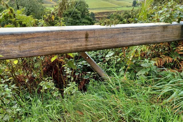 The crash barrier at Gillott Hey itself is slipping down the hillside, with brackets such as this supposed to be pointing upwards but now leaning backwards and sideways.