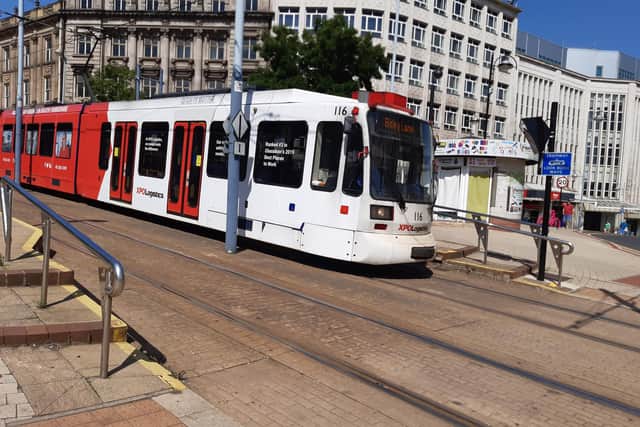 A tram in Sheffield city centre today