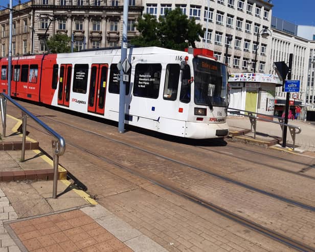 A tram in Sheffield city centre today