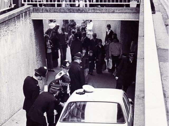 A car in the pedestrian subway in Fitzalan Square, Sheffield in April 1979. The area has been redeveloped in recent years including the planing of 12 new trees around the statue of King Edward VII.