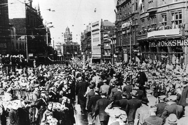 Crowds in Fargate celebrate Victory in Europe in May 1945