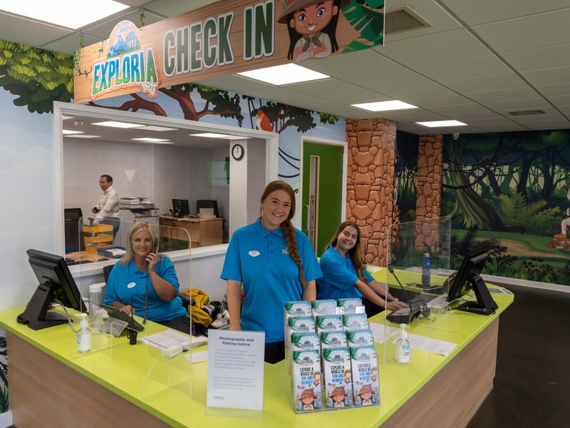 Check in area at Exploria. Pictured: Stacey Rigler, Cloe Horton & Cloe Carter. Picture By: Andy Hornby