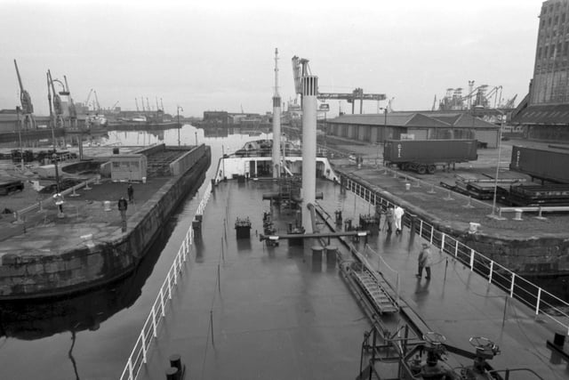 The sludge vessel MV Gardyloo,arrives at Leith docks in May 1983.
