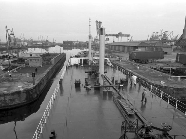 The sludge vessel MV Gardyloo,arrives at Leith docks in May 1983.