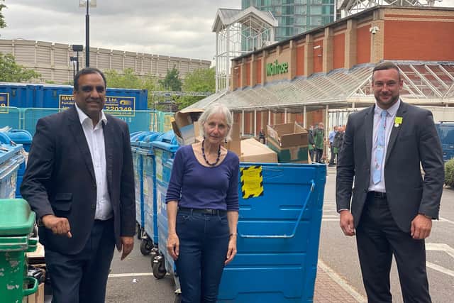 Waitrose did a U-turn over removing recycling bins after an outcry. Coun Shaffaq Mohammed, Coun Barbara Masters and Waitrose deputy branch manager Marc De Haviland after the decision in June.