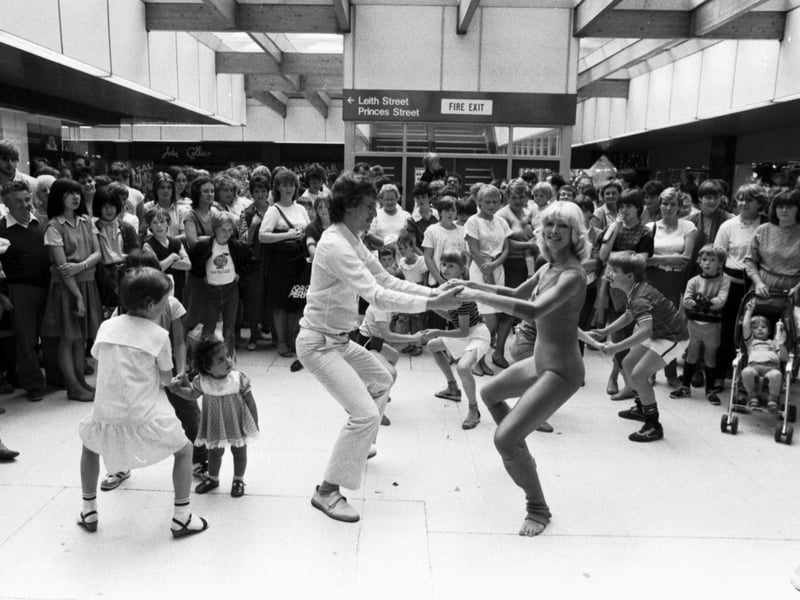 Fitness expert Diana Moran (the 'Green Goddess') takes an impromtu keep-fit class in the St James centre Edinburgh, August 1983.