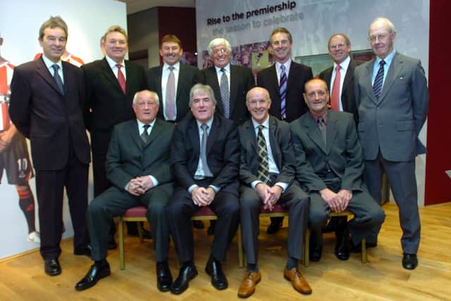 Sheffield United's 1970-71 promotion-winning team at a reunion dinner at Bramall Lane. Back row, left to right: Frank Barlow, Tony Currie, Geoff Salmons, Alan Woodward, Colin Addison, Ted Hemsley, Geoff Goodall (physio). Front row: Len Badger, David Ford, Billy Dearden, Eddie Colquhoun