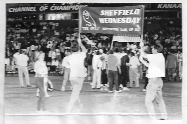 Sheffield Wednesday fans on the field at Loftus Versfeld Stadium, Pretoria. (Courtesy of Andy Moran)