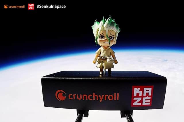 An anime character’s dream came true when a 10cm plastic figurine of Senku, a character in the anime series Dr. STONE, was launched 35,032 metres into space from a field in Sheffield.