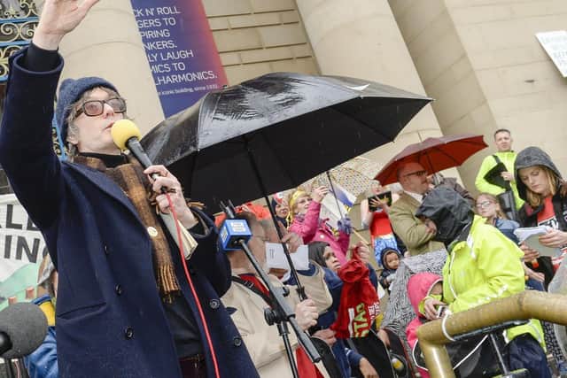 Sheffield-born music star Jarvis Cocker, frontman of the band Pulp, telling tree protesters 'I salute you' at a rally held on Sheffield City Hall steps in April 2018. A new documentary on the fight to save thousands of city street trees, called The Felling, premieres at Sheffield City Hall on March 20