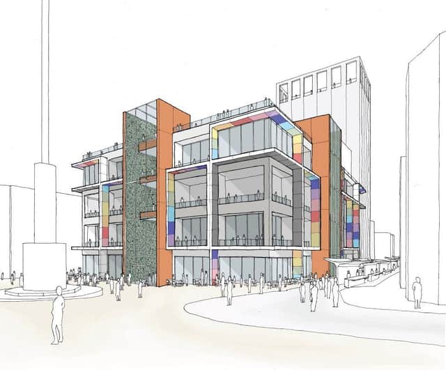 The old John Lewis building in Sheffield city centre would be revamped with ‘football architecture’ including a central column like a halfway line and a tunnel leading to the roof under plans to turn it into a new football centre