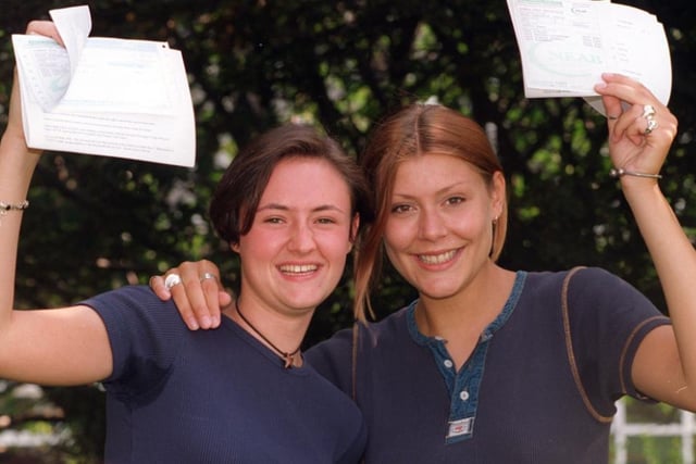 Adwick school pupils Kirsty McShannon and Sarah Carter both aged 18 in 1996, celebrated after picking up their exam results