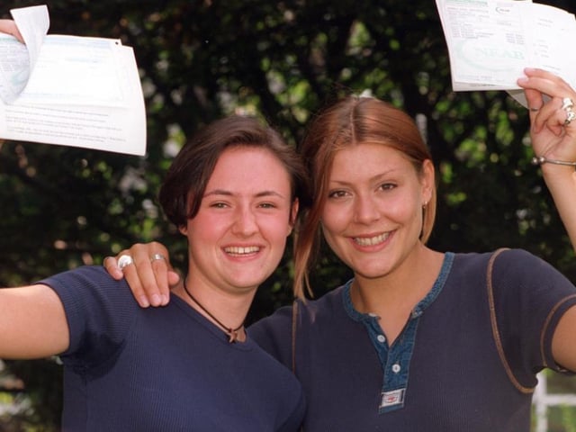 Adwick school pupils Kirsty McShannon and Sarah Carter both aged 18 in 1996, celebrated after picking up their exam results