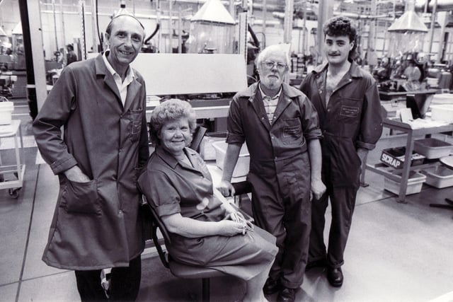 Pictured, left to right, Charles Grundy, Betty Pearce, Ronald Stapleton and Richard Whiteley, in the flute grinding area at the opening of SKF and Dormer Tools, Mosborough, June 21, 1989