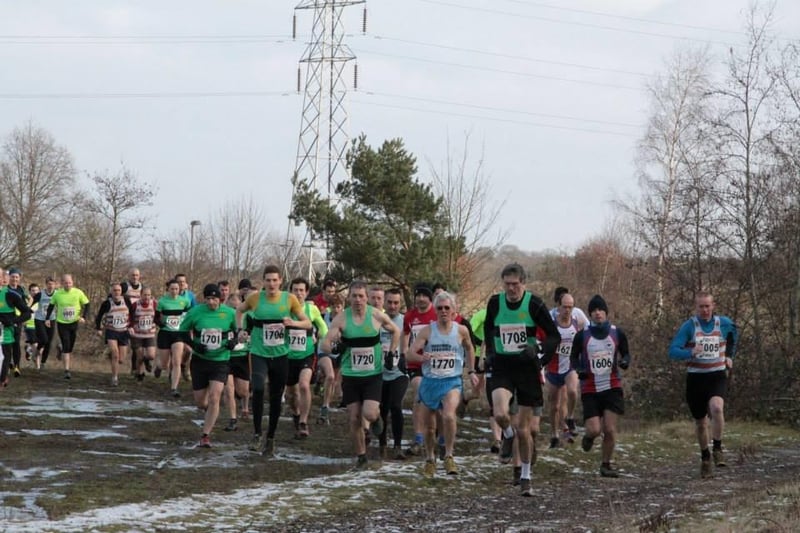Worksop Harriers in action during a cross country race at Manton Pit Wood.
