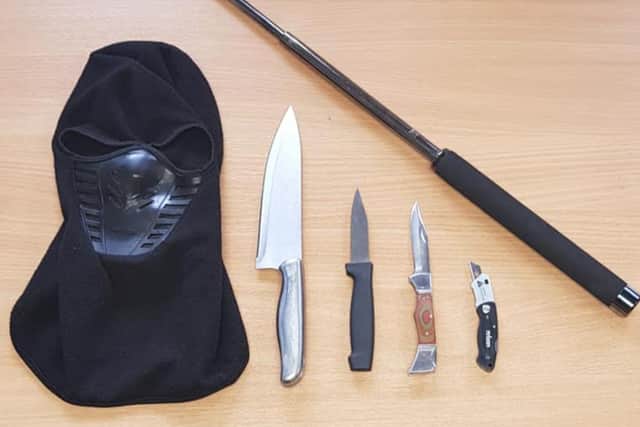 The mask and weapons which were found inside a car in Burngreave, Sheffield