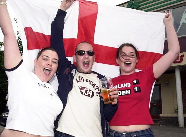 Football fans get into the spirit of the World Cup at The Lescar pub on Sharrowvale Road, on June 2, 2002