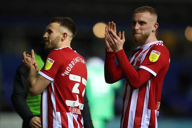 Sheffield United's Rhys Norrington Davies and Oli McBurnie: Simon Bellis / Sportimage