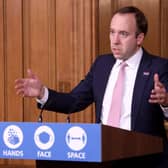 Britain's Health Secretary Matt Hancock hosts a remote press conference to update the nation on the covid-19 pandemic (Photo by TREVOR ADAMS/POOL/AFP via Getty Images)