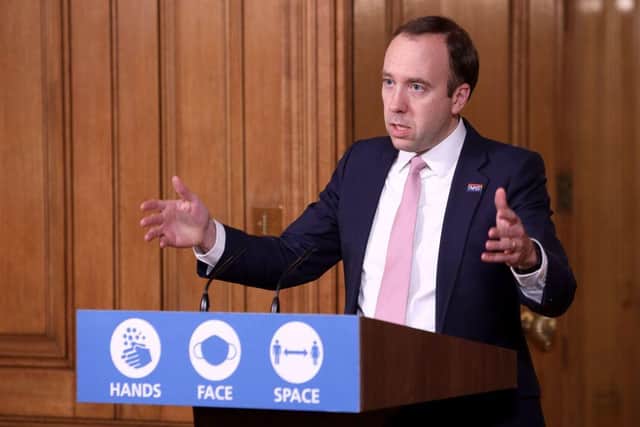 Britain's Health Secretary Matt Hancock hosts a remote press conference to update the nation on the covid-19 pandemic (Photo by TREVOR ADAMS/POOL/AFP via Getty Images)