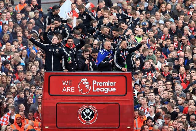 The Sheffield United players and manager Chris Wilder wave to the fans during the promotion parade in Sheffield City Centre. PRESS ASSOCIATION Photo. Picture date: Tuesday May 7, 2019. See PA story SOCCER Sheff Utd. Photo credit should read: Danny Lawson/PA Wire.